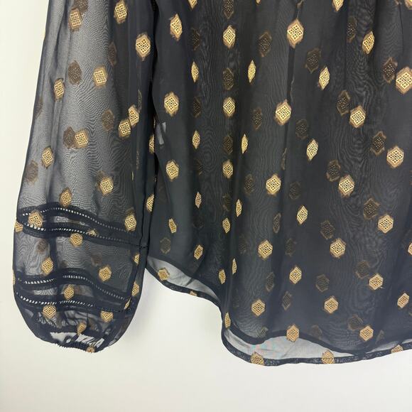 Lucky Brand Womens Medallion Embroidered Keyhole Sheer Black/Gold Blouse Medium - Picture 7 of 9